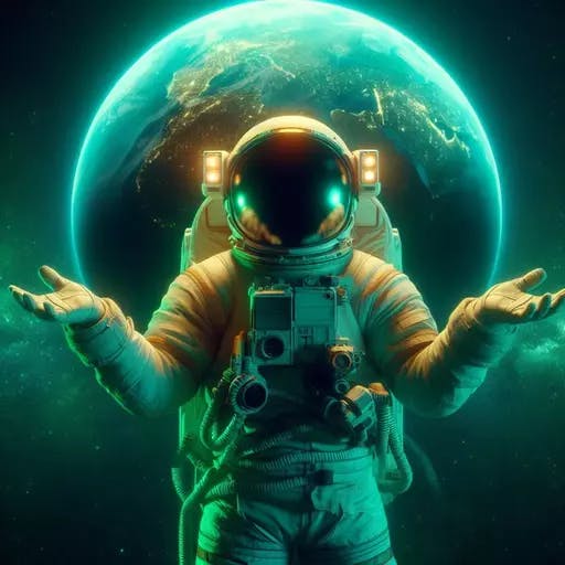 Ai generated image of an astronaut shrugging his arms with earth in the background