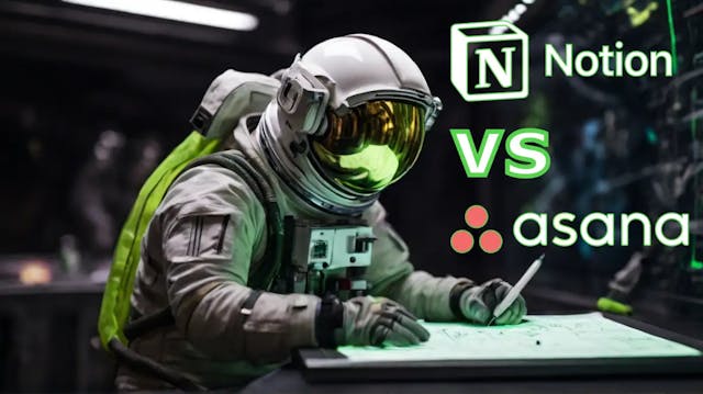 Thumbnail: Notion vs Asana. Ein Astronaut fügt Aufgaben zu einem Projektplan hinzu in einem Raumschiff.